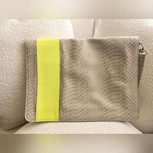 NEW! Halogen, Snake Print Clutch,  Beige and Neon Yellow, MSRP $98